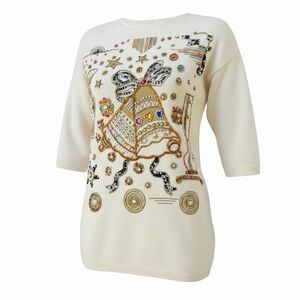 Laurel Cream Beaded & Embroidered 100% Cotton Knit Sweater Size M 90s era